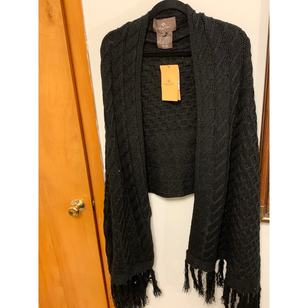 NWT Patricia Nash Black Cable Knit Fringe Shawl Scarf Wrap One Size